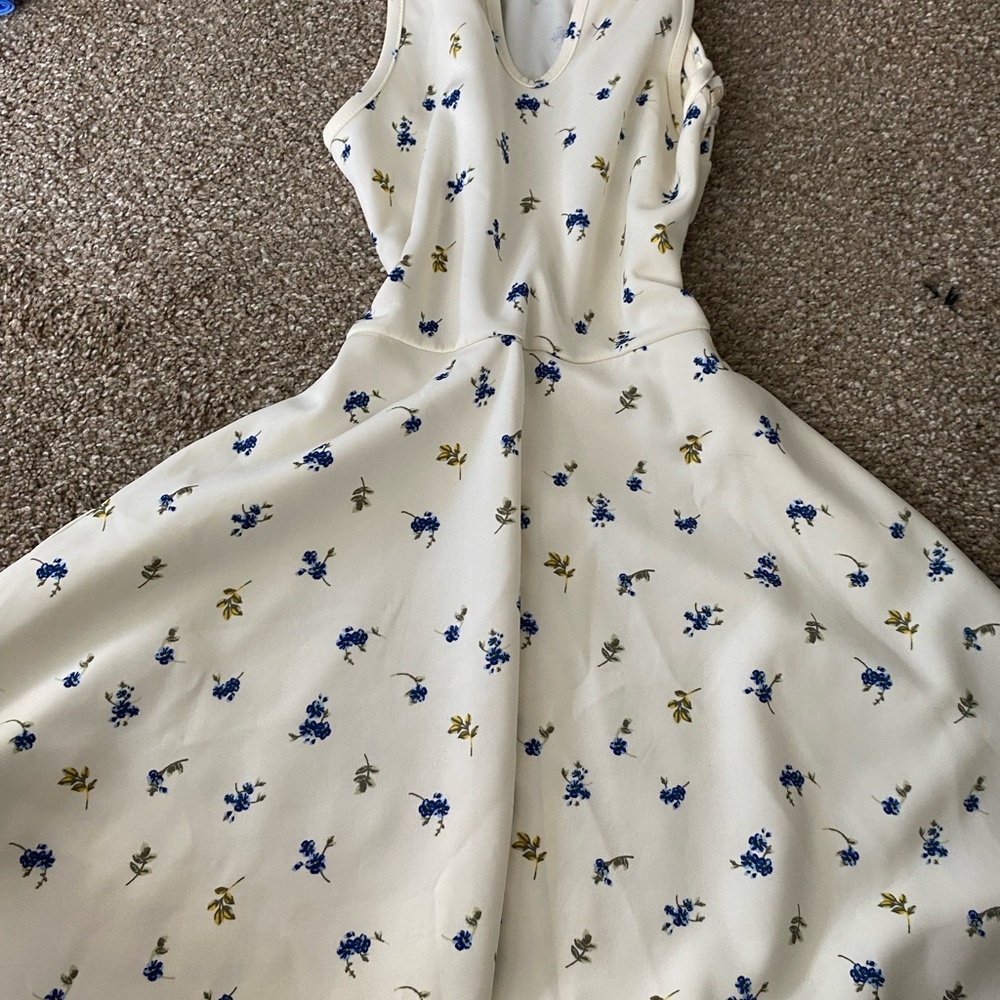 Floral Sleeveless Dress - Cream with Blue Accents